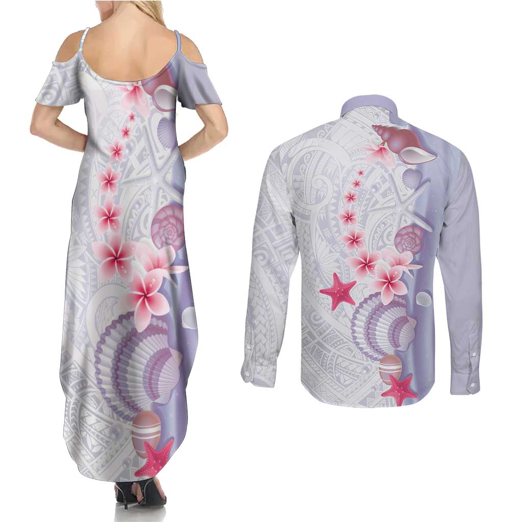 Purple Plumeria Sea Shell Couples Matching Summer Maxi Dress and Long Sleeve Button Shirt Starfish Polynesian Pattern - Polynesian Pride