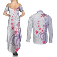 Purple Plumeria Sea Shell Couples Matching Summer Maxi Dress and Long Sleeve Button Shirt Starfish Polynesian Pattern - Polynesian Pride