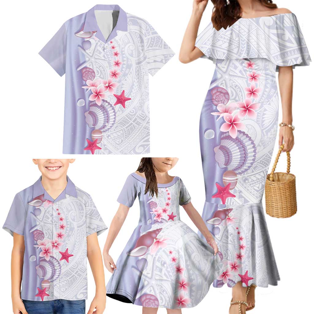 Purple Plumeria Sea Shell Family Matching Mermaid Dress and Hawaiian Shirt Starfish Polynesian Pattern LT01 - Polynesian Pride
