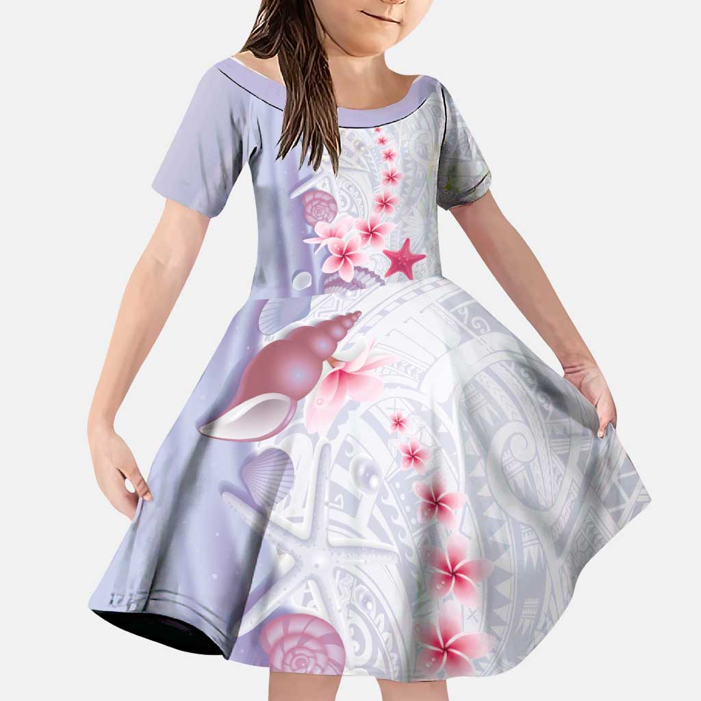 Purple Plumeria Sea Shell Family Matching Off The Shoulder Long Sleeve Dress and Hawaiian Shirt Starfish Polynesian Pattern LT01 Daughter's Dress Purple - Polynesian Pride