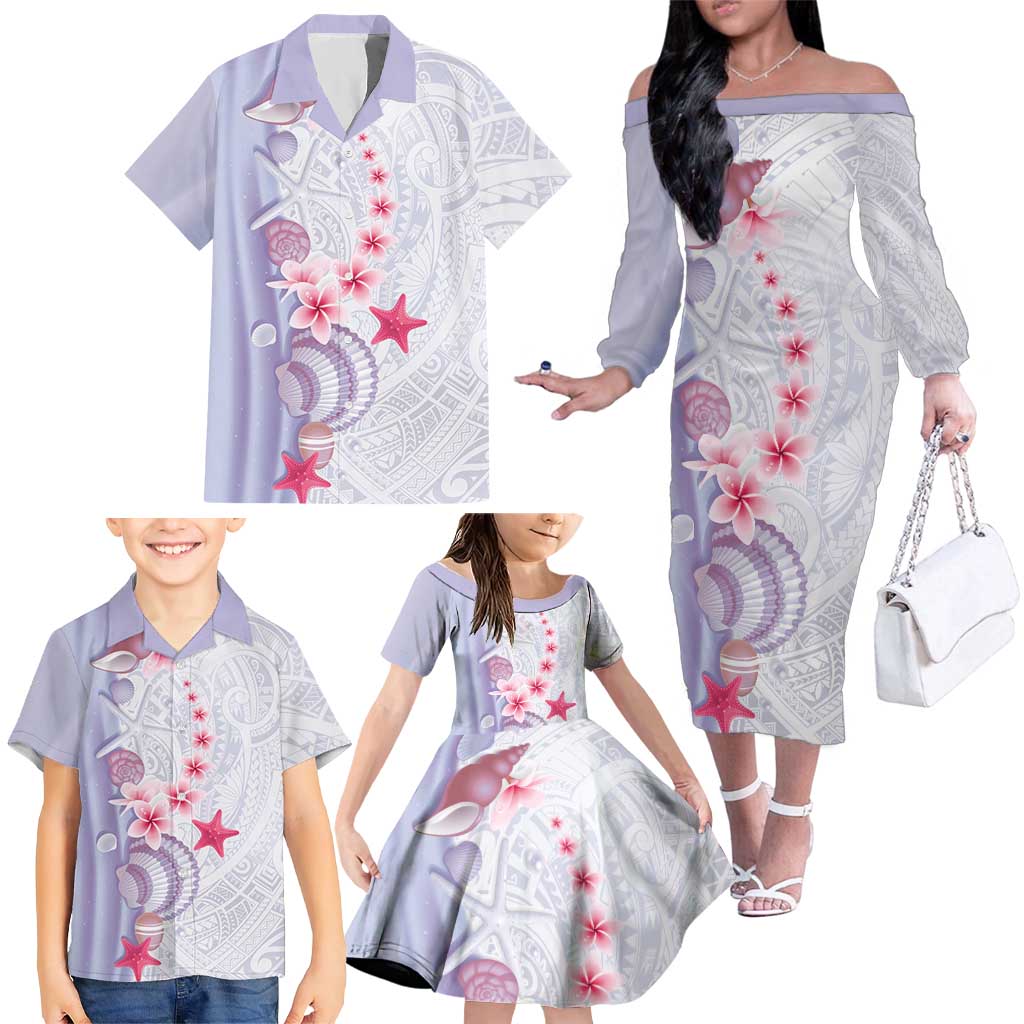 Purple Plumeria Sea Shell Family Matching Off The Shoulder Long Sleeve Dress and Hawaiian Shirt Starfish Polynesian Pattern LT01 - Polynesian Pride