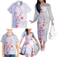 Purple Plumeria Sea Shell Family Matching Off The Shoulder Long Sleeve Dress and Hawaiian Shirt Starfish Polynesian Pattern LT01 - Polynesian Pride