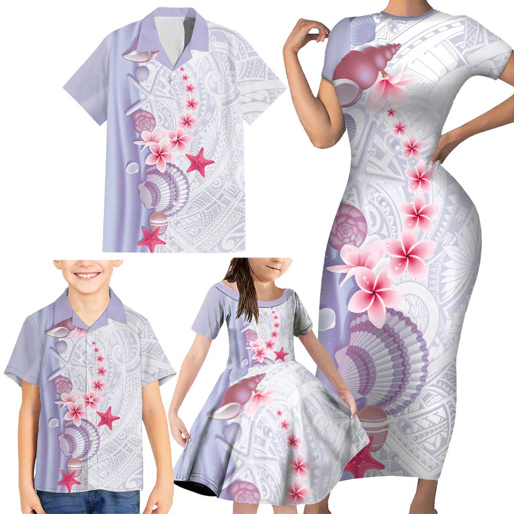 Purple Plumeria Sea Shell Family Matching Short Sleeve Bodycon Dress and Hawaiian Shirt Starfish Polynesian Pattern LT01 - Polynesian Pride