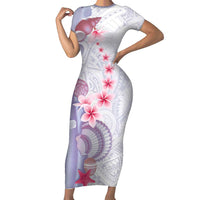 Purple Plumeria Sea Shell Family Matching Short Sleeve Bodycon Dress and Hawaiian Shirt Starfish Polynesian Pattern LT01 Mom's Dress Purple - Polynesian Pride