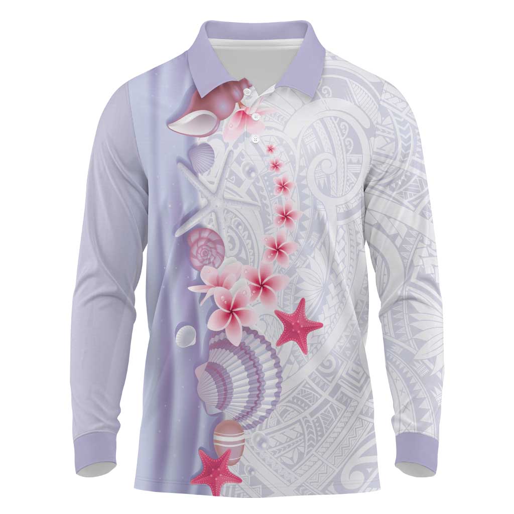 Purple Plumeria Sea Shell Long Sleeve Polo Shirt Starfish Polynesian Pattern LT01 Purple - Polynesian Pride