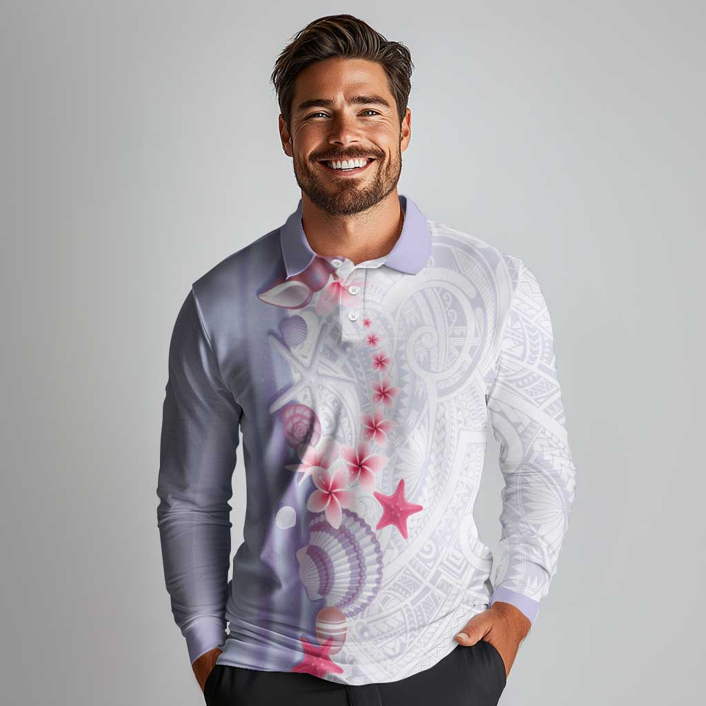 Purple Plumeria Sea Shell Long Sleeve Polo Shirt Starfish Polynesian Pattern LT01 - Polynesian Pride