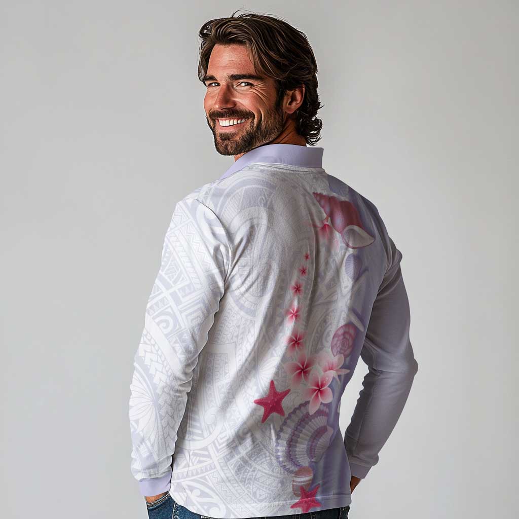 Purple Plumeria Sea Shell Long Sleeve Polo Shirt Starfish Polynesian Pattern LT01 - Polynesian Pride