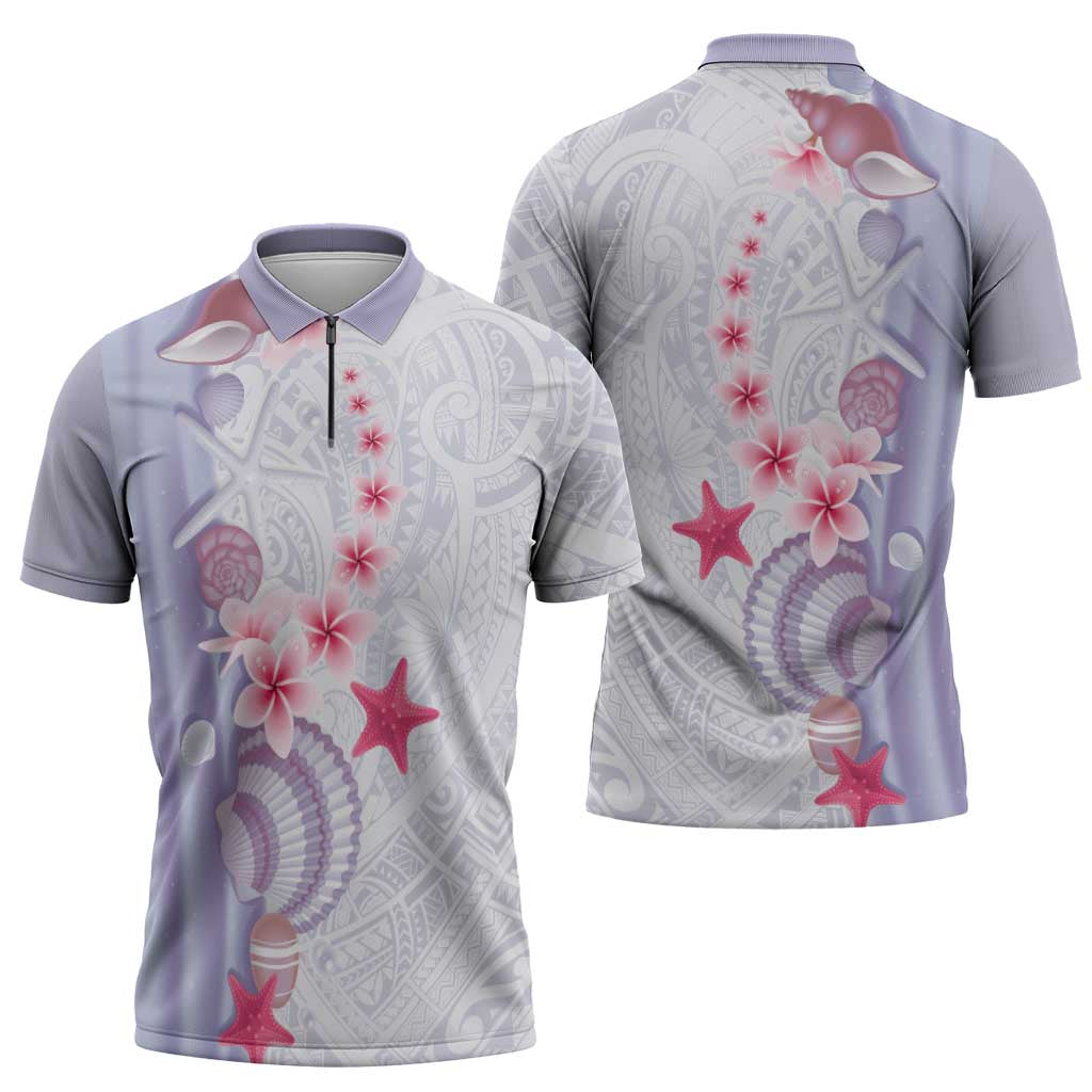 Purple Plumeria Sea Shell Zipper Polo Shirt Starfish Polynesian Pattern - Polynesian Pride