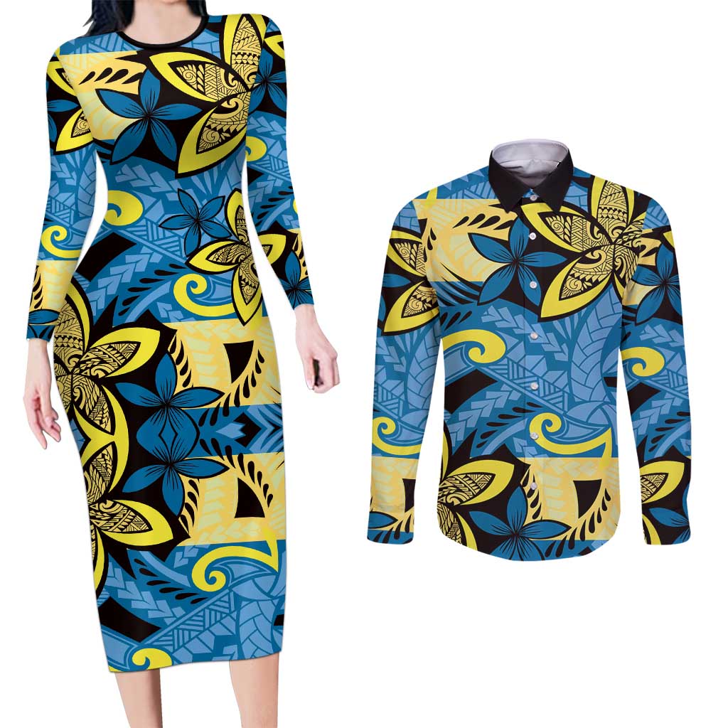 Plumeria Polynesian Pattern Couples Matching Long Sleeve Bodycon Dress and Long Sleeve Button Shirt Unique Fantasy Blue Yellow LT01 Blue - Polynesian Pride