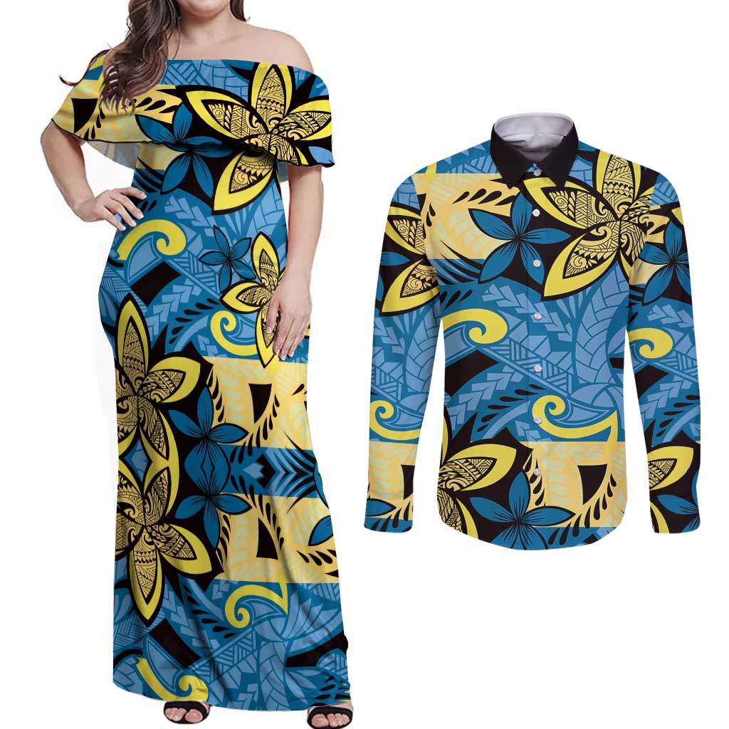 Plumeria Polynesian Pattern Couples Matching Off Shoulder Maxi Dress and Long Sleeve Button Shirt Unique Fantasy Blue Yellow LT01 Blue - Polynesian Pride