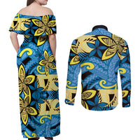 Plumeria Polynesian Pattern Couples Matching Off Shoulder Maxi Dress and Long Sleeve Button Shirt Unique Fantasy Blue Yellow