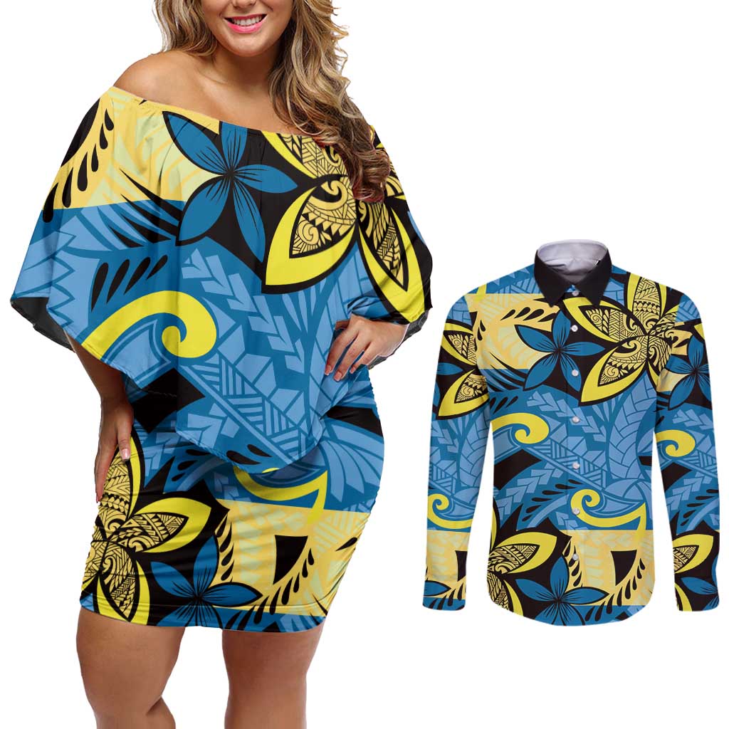 Plumeria Polynesian Pattern Couples Matching Off Shoulder Short Dress and Long Sleeve Button Shirt Unique Fantasy Blue Yellow LT01 Blue - Polynesian Pride