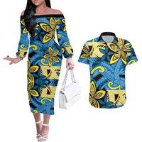 Plumeria Polynesian Pattern Couples Matching Off The Shoulder Long Sleeve Dress and Hawaiian Shirt Unique Fantasy Blue Yellow LT01 Blue - Polynesian Pride