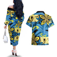 Plumeria Polynesian Pattern Couples Matching Off The Shoulder Long Sleeve Dress and Hawaiian Shirt Unique Fantasy Blue Yellow LT01 - Polynesian Pride