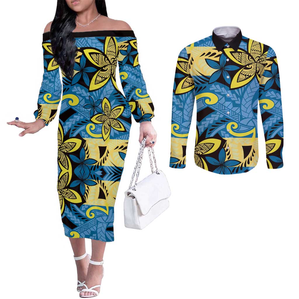 Plumeria Polynesian Pattern Couples Matching Off The Shoulder Long Sleeve Dress and Long Sleeve Button Shirt Unique Fantasy Blue Yellow LT01 Blue - Polynesian Pride