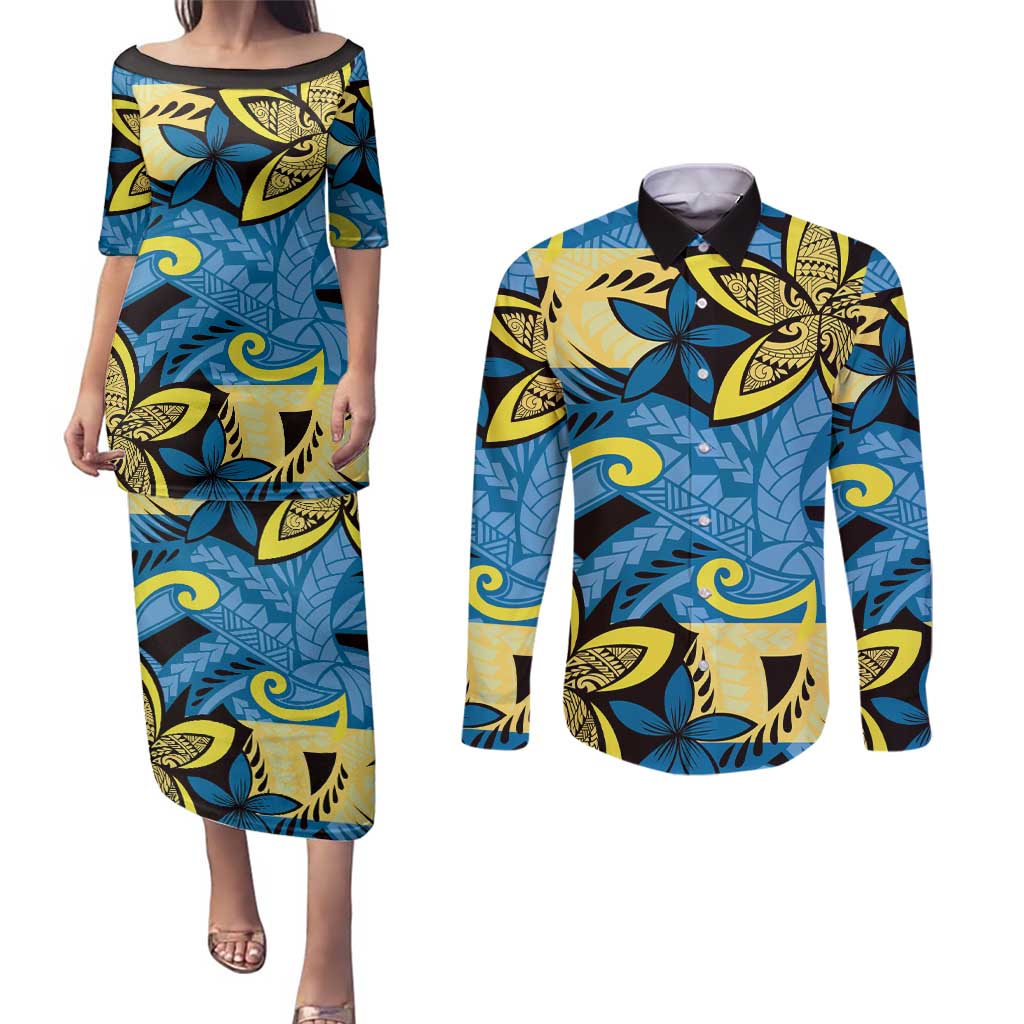 Plumeria Polynesian Pattern Couples Matching Puletasi and Long Sleeve Button Shirt Unique Fantasy Blue Yellow LT01 Blue - Polynesian Pride
