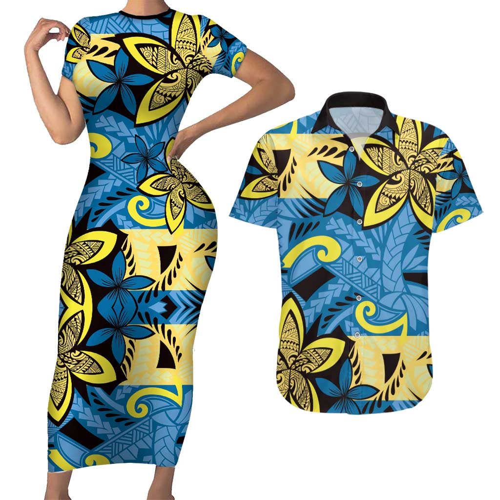 Plumeria Polynesian Pattern Couples Matching Short Sleeve Bodycon Dress and Hawaiian Shirt Unique Fantasy Blue Yellow LT01 Blue - Polynesian Pride