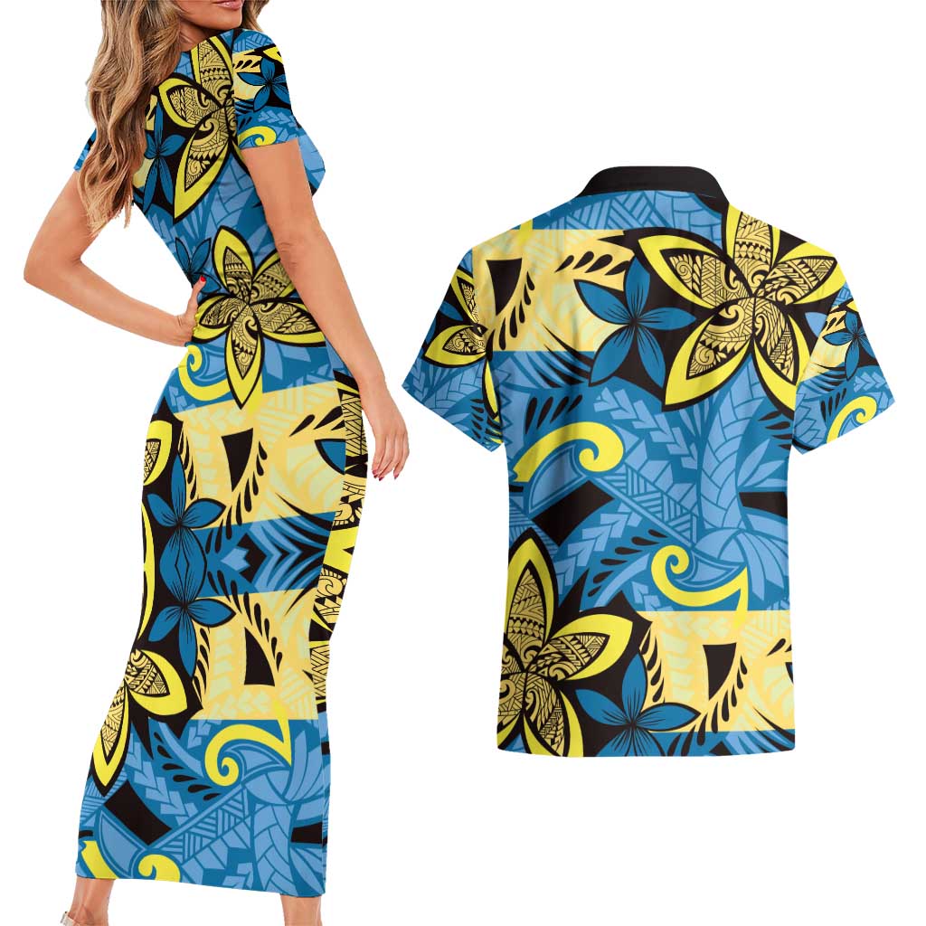 Plumeria Polynesian Pattern Couples Matching Short Sleeve Bodycon Dress and Hawaiian Shirt Unique Fantasy Blue Yellow LT01 - Polynesian Pride
