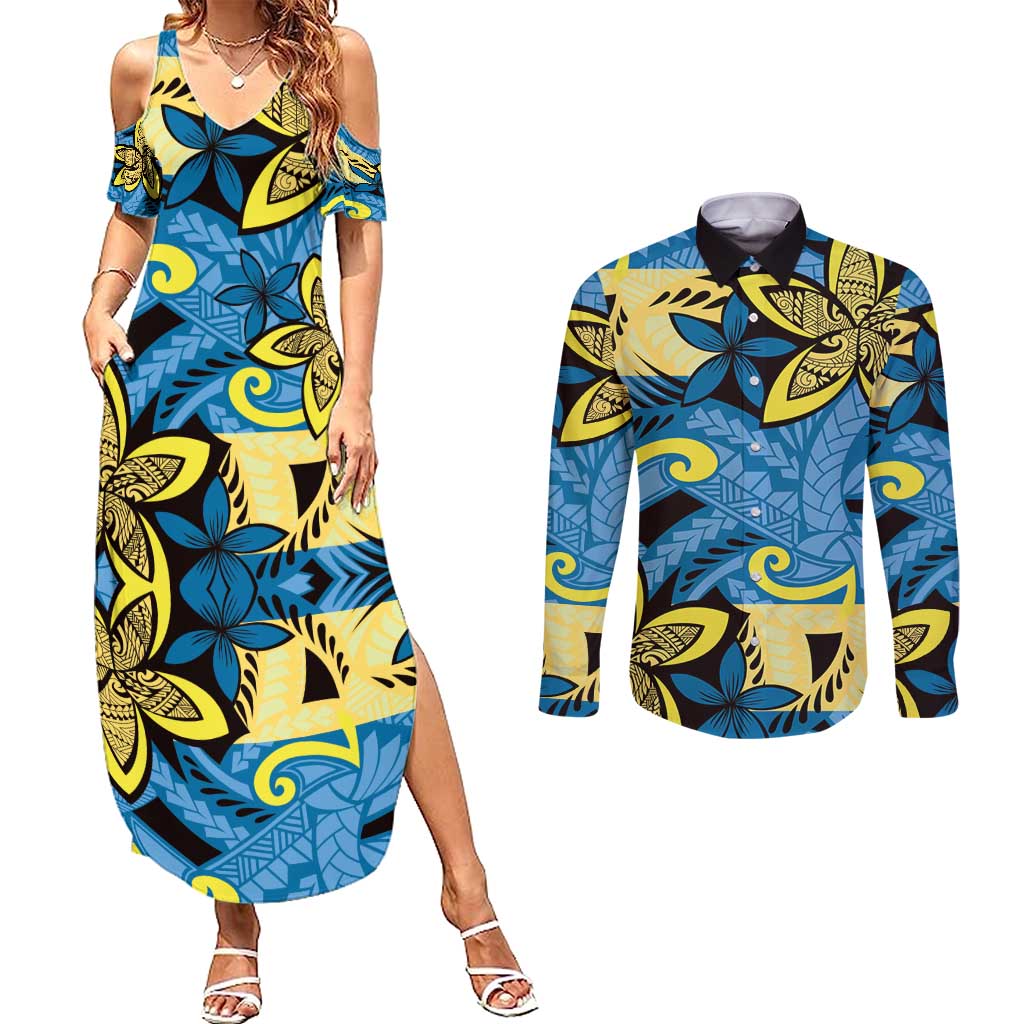 Plumeria Polynesian Pattern Couples Matching Summer Maxi Dress and Long Sleeve Button Shirt Unique Fantasy Blue Yellow LT01 Blue - Polynesian Pride