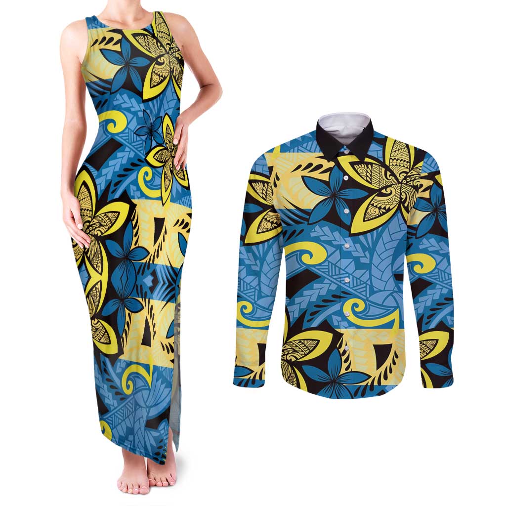 Plumeria Polynesian Pattern Couples Matching Tank Maxi Dress and Long Sleeve Button Shirt Unique Fantasy Blue Yellow LT01 Blue - Polynesian Pride