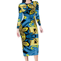 Plumeria Polynesian Pattern Family Matching Long Sleeve Bodycon Dress and Hawaiian Shirt Unique Fantasy Blue Yellow LT01 Mom's Dress Blue - Polynesian Pride