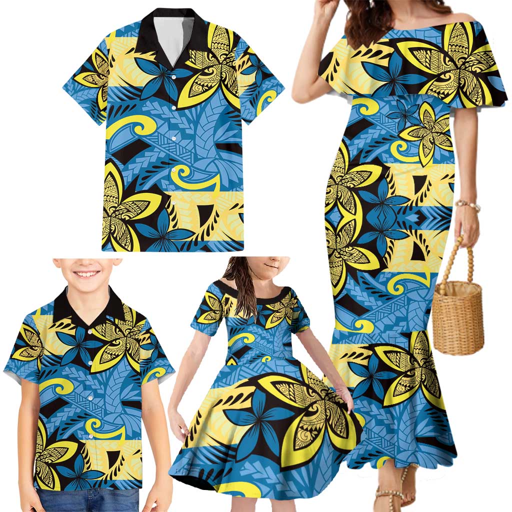 Plumeria Polynesian Pattern Family Matching Mermaid Dress and Hawaiian Shirt Unique Fantasy Blue Yellow LT01 - Polynesian Pride