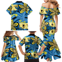 Plumeria Polynesian Pattern Family Matching Mermaid Dress and Hawaiian Shirt Unique Fantasy Blue Yellow LT01 - Polynesian Pride