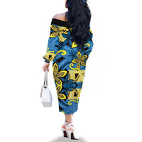 Plumeria Polynesian Pattern Family Matching Off The Shoulder Long Sleeve Dress and Hawaiian Shirt Unique Fantasy Blue Yellow LT01 - Polynesian Pride
