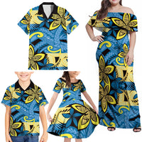 Plumeria Polynesian Pattern Family Matching Off Shoulder Maxi Dress and Hawaiian Shirt Unique Fantasy Blue Yellow LT01 - Polynesian Pride