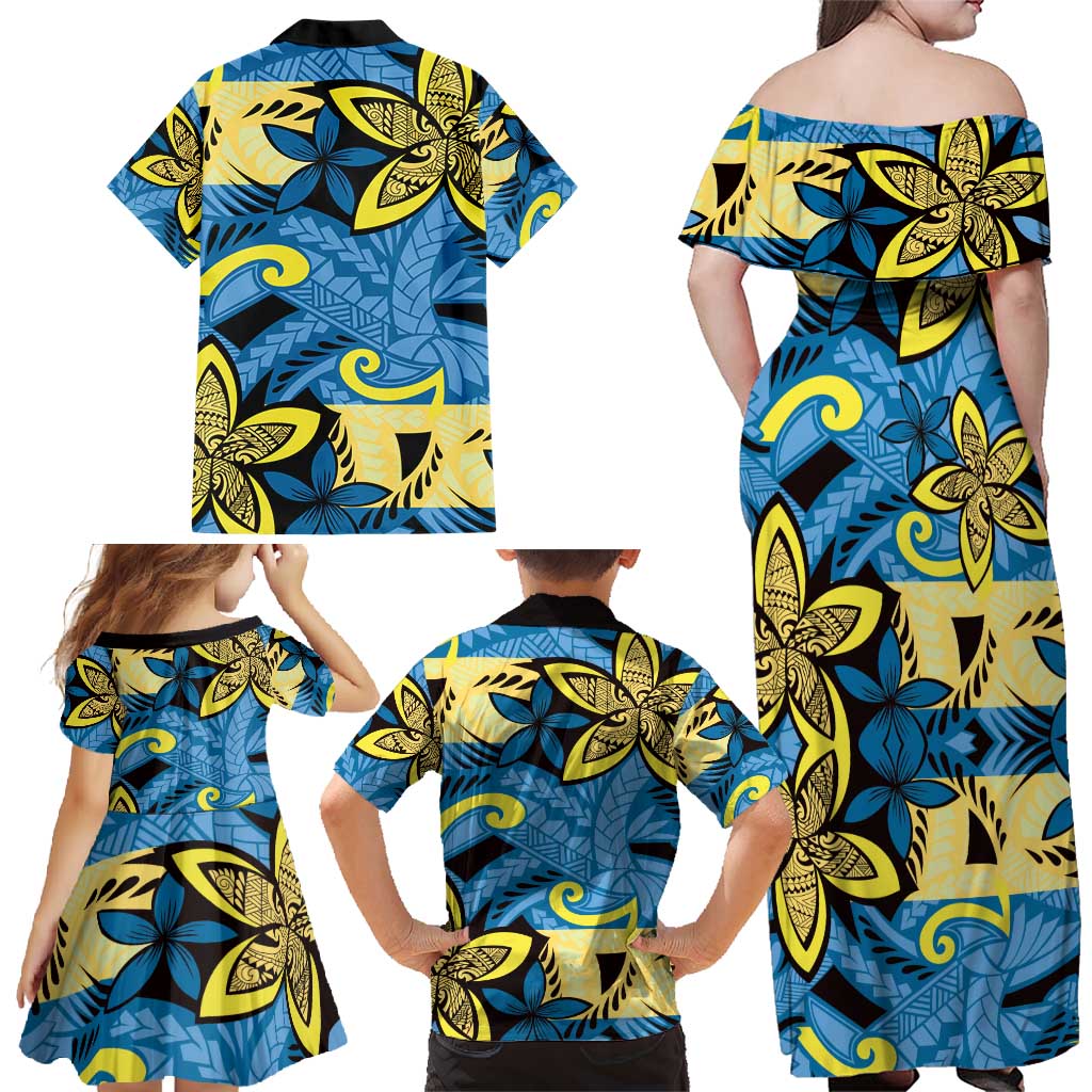 Plumeria Polynesian Pattern Family Matching Off Shoulder Maxi Dress and Hawaiian Shirt Unique Fantasy Blue Yellow LT01 - Polynesian Pride