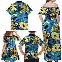 Plumeria Polynesian Pattern Family Matching Off Shoulder Maxi Dress and Hawaiian Shirt Unique Fantasy Blue Yellow LT01 - Polynesian Pride