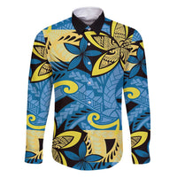 Plumeria Polynesian Pattern Family Matching Off Shoulder Maxi Dress and Hawaiian Shirt Unique Fantasy Blue Yellow LT01 Dad's Shirt - Long Sleeve Blue - Polynesian Pride