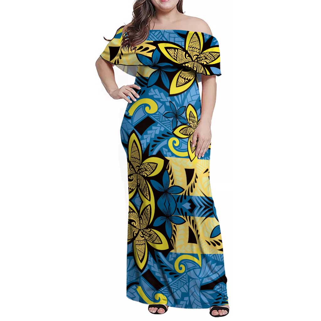 Plumeria Polynesian Pattern Family Matching Off Shoulder Maxi Dress and Hawaiian Shirt Unique Fantasy Blue Yellow LT01 Mom's Dress Blue - Polynesian Pride