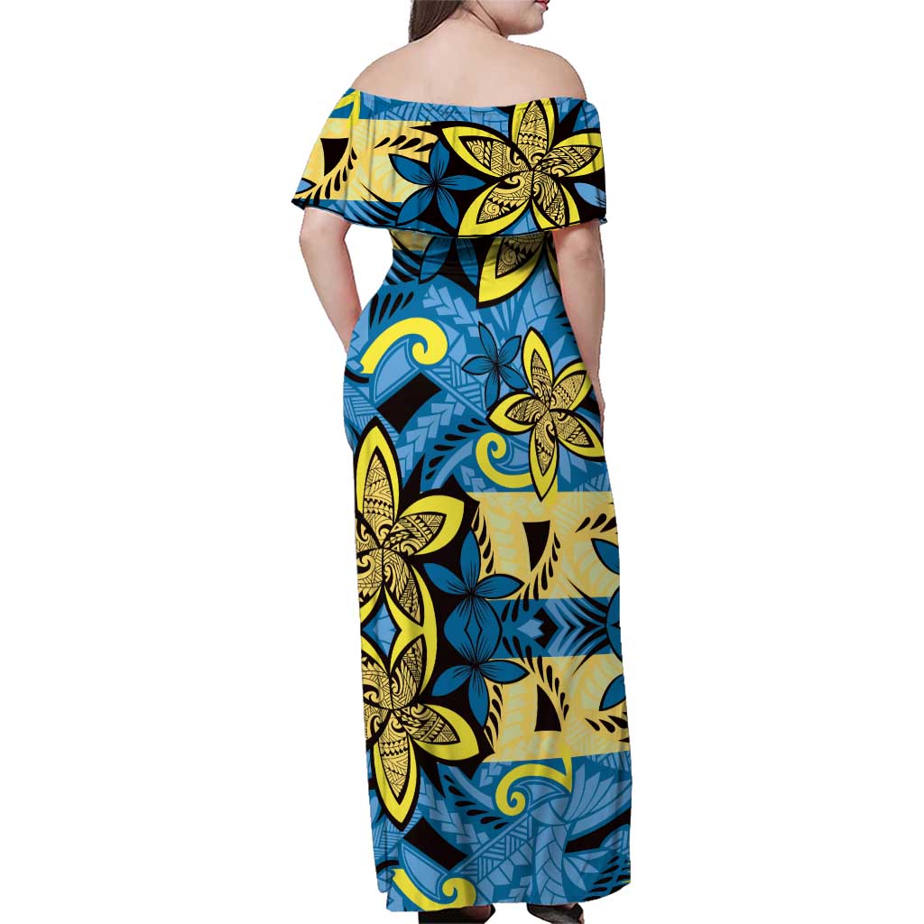 Plumeria Polynesian Pattern Family Matching Off Shoulder Maxi Dress and Hawaiian Shirt Unique Fantasy Blue Yellow LT01 - Polynesian Pride