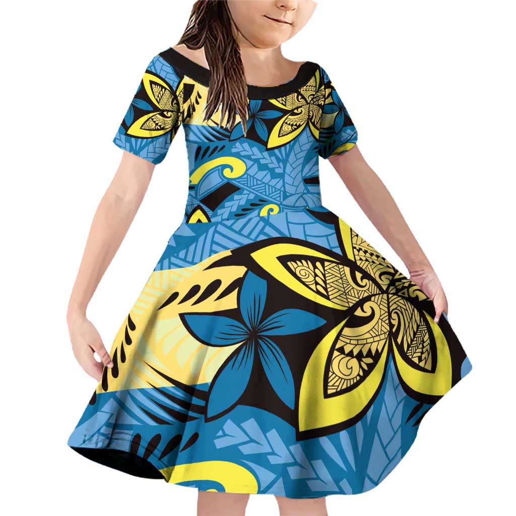 Plumeria Polynesian Pattern Family Matching Off Shoulder Short Dress and Hawaiian Shirt Unique Fantasy Blue Yellow LT01 Daughter's Dress Blue - Polynesian Pride