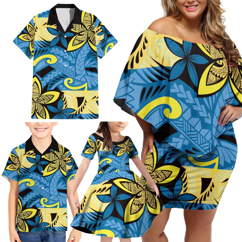 Plumeria Polynesian Pattern Family Matching Off Shoulder Short Dress and Hawaiian Shirt Unique Fantasy Blue Yellow LT01 - Polynesian Pride