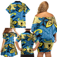 Plumeria Polynesian Pattern Family Matching Off Shoulder Short Dress and Hawaiian Shirt Unique Fantasy Blue Yellow LT01 - Polynesian Pride