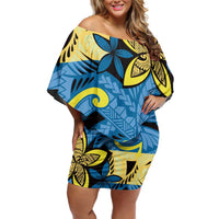 Plumeria Polynesian Pattern Family Matching Off Shoulder Short Dress and Hawaiian Shirt Unique Fantasy Blue Yellow LT01 Mom's Dress Blue - Polynesian Pride