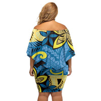 Plumeria Polynesian Pattern Family Matching Off Shoulder Short Dress and Hawaiian Shirt Unique Fantasy Blue Yellow LT01 - Polynesian Pride