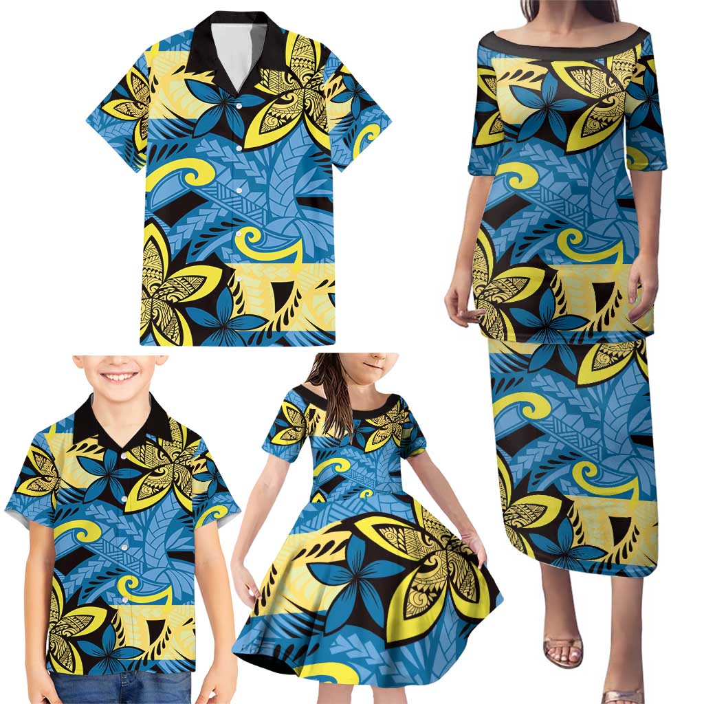 Plumeria Polynesian Pattern Family Matching Puletasi and Hawaiian Shirt Unique Fantasy Blue Yellow LT01 - Polynesian Pride