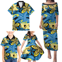 Plumeria Polynesian Pattern Family Matching Puletasi and Hawaiian Shirt Unique Fantasy Blue Yellow LT01 - Polynesian Pride