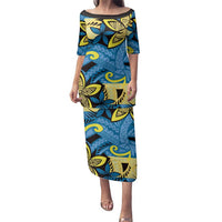 Plumeria Polynesian Pattern Family Matching Puletasi and Hawaiian Shirt Unique Fantasy Blue Yellow LT01 Mom's Dress Blue - Polynesian Pride