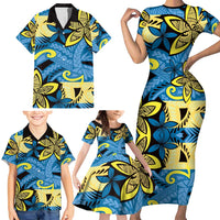 Plumeria Polynesian Pattern Family Matching Short Sleeve Bodycon Dress and Hawaiian Shirt Unique Fantasy Blue Yellow LT01 - Polynesian Pride