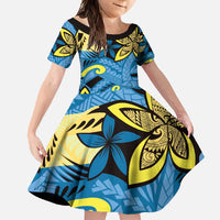 Plumeria Polynesian Pattern Family Matching Summer Maxi Dress and Hawaiian Shirt Unique Fantasy Blue Yellow LT01 Daughter's Dress Blue - Polynesian Pride