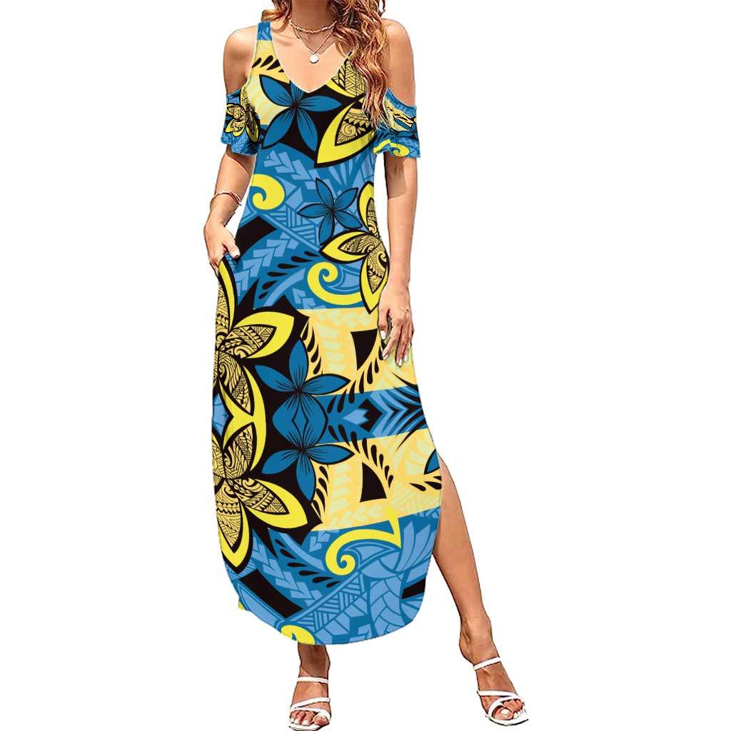 Plumeria Polynesian Pattern Family Matching Summer Maxi Dress and Hawaiian Shirt Unique Fantasy Blue Yellow LT01 Mom's Dress Blue - Polynesian Pride