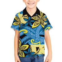 Plumeria Polynesian Pattern Family Matching Summer Maxi Dress and Hawaiian Shirt Unique Fantasy Blue Yellow LT01 Son's Shirt Blue - Polynesian Pride