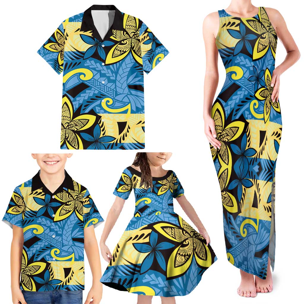 Plumeria Polynesian Pattern Family Matching Tank Maxi Dress and Hawaiian Shirt Unique Fantasy Blue Yellow LT01 - Polynesian Pride