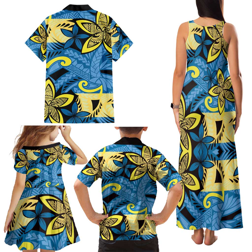Plumeria Polynesian Pattern Family Matching Tank Maxi Dress and Hawaiian Shirt Unique Fantasy Blue Yellow LT01 - Polynesian Pride