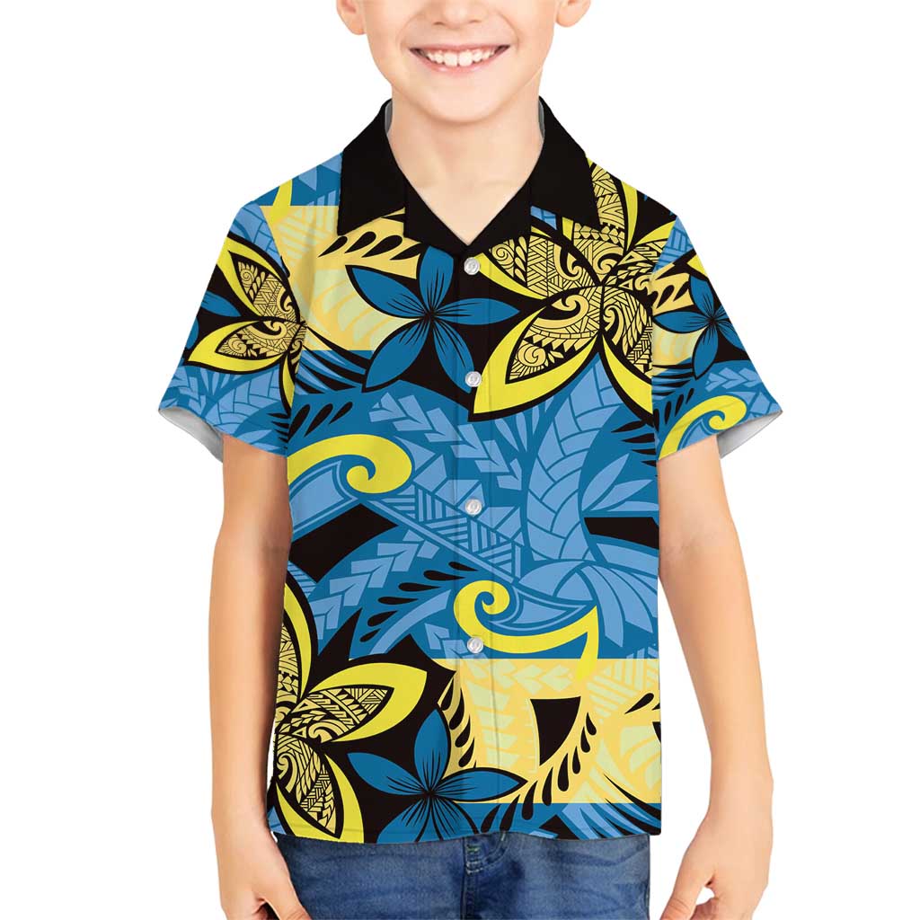 Plumeria Polynesian Pattern Family Matching Tank Maxi Dress and Hawaiian Shirt Unique Fantasy Blue Yellow LT01 Son's Shirt Blue - Polynesian Pride
