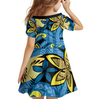 Plumeria Polynesian Pattern Kid Short Sleeve Dress Unique Fantasy Blue Yellow